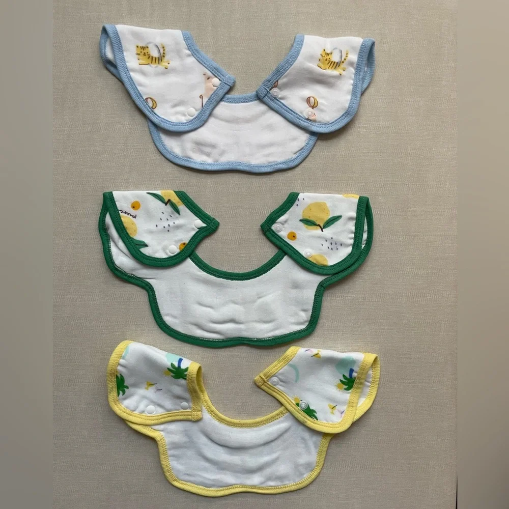 Baby Bib Set - Blue, Green & Yellow Scalloped Cotton Bibs